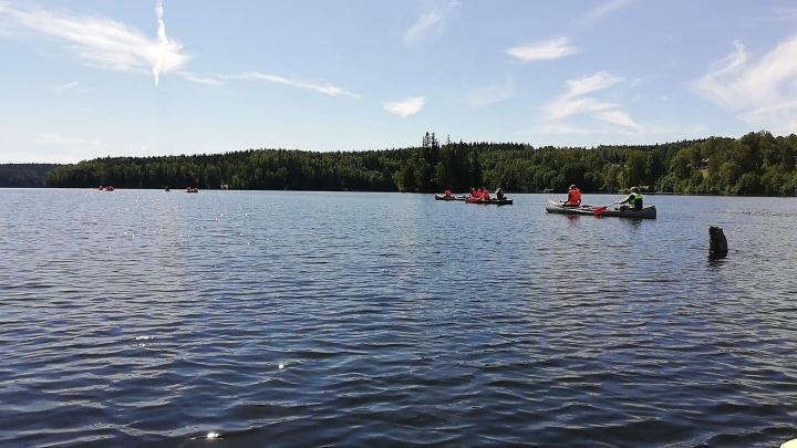 Folk der sejler i kano på en sø